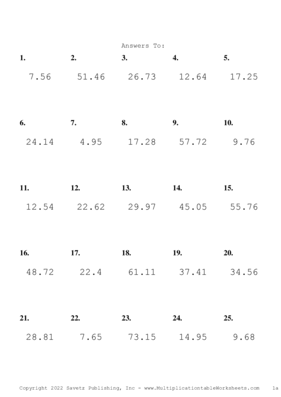 One Decimal Problem Set AC Answers