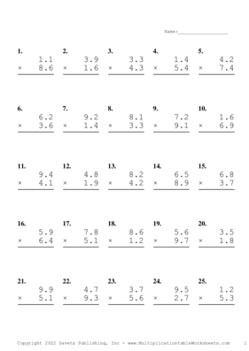 One Decimal Problem Set AD Multiplication Worksheet