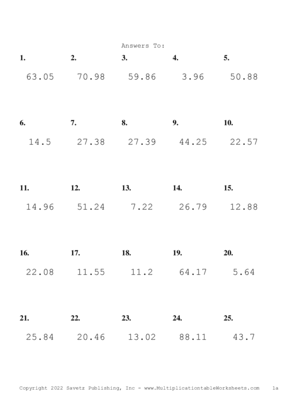 One Decimal Problem Set AE Answers