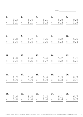 One Decimal Problem Set AF Multiplication Worksheet