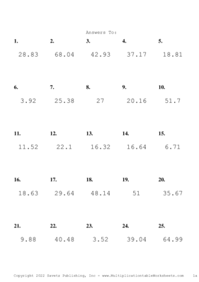 One Decimal Problem Set AF Answers