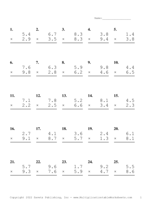 One Decimal Problem Set AH Multiplication Worksheet