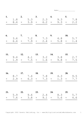 One Decimal Problem Set AI Multiplication Worksheet