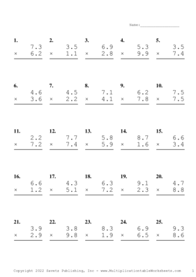 One Decimal Problem Set AJ Multiplication Worksheet