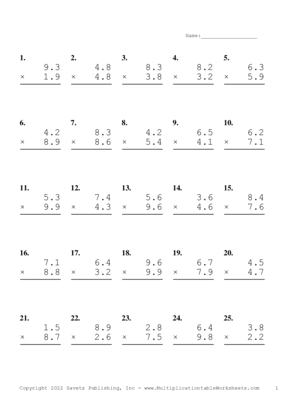 One Decimal Problem Set AK Multiplication Worksheet