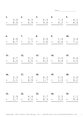 One Decimal Problem Set AL Multiplication Worksheet