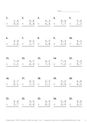 One Decimal Problem Set AM Multiplication Worksheet