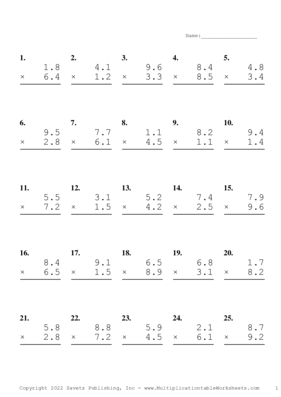 One Decimal Problem Set AN Multiplication Worksheet