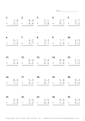 One Decimal Problem Set AO Multiplication Worksheet