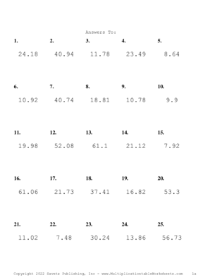 One Decimal Problem Set AO Answers