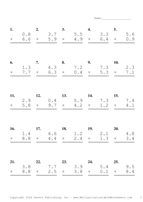 One Decimal Problem Set AQ Multiplication Worksheet