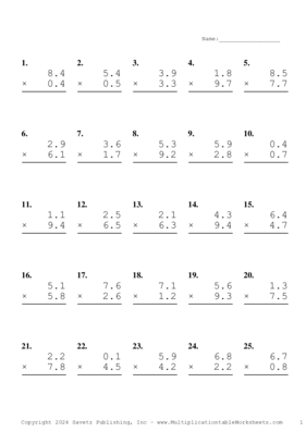 One Decimal Problem Set AR Multiplication Worksheet