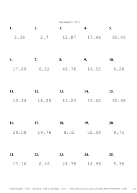 One Decimal Problem Set AR Answers