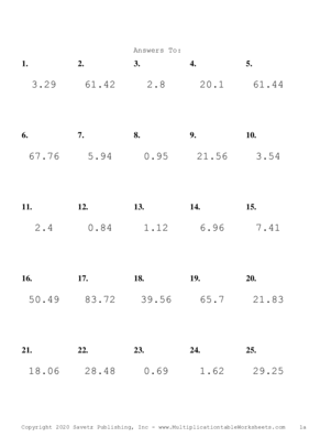 One Decimal Problem Set A Answers