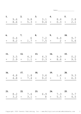 One Decimal Problem Set B Multiplication Worksheet