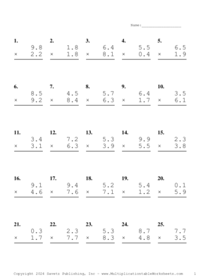 One Decimal Problem Set BA Multiplication Worksheet