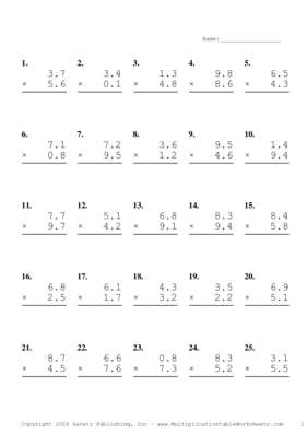 One Decimal Problem Set BB Multiplication Worksheet