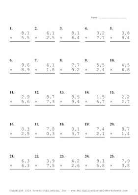 One Decimal Problem Set BD Multiplication Worksheet