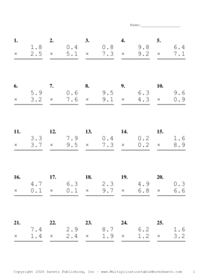 One Decimal Problem Set BE Multiplication Worksheet
