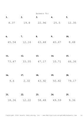 One Decimal Problem Set BF Answers