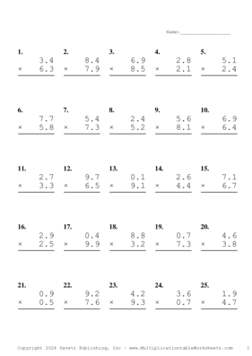 One Decimal Problem Set BI Multiplication Worksheet