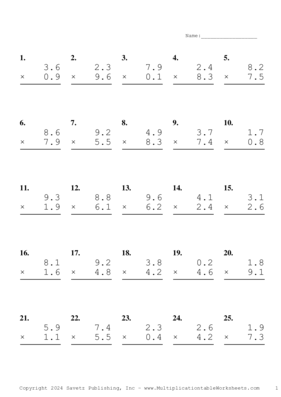One Decimal Problem Set BJ Multiplication Worksheet
