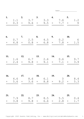 One Decimal Problem Set C Multiplication Worksheet