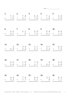 One Decimal Problem Set D Multiplication Worksheet