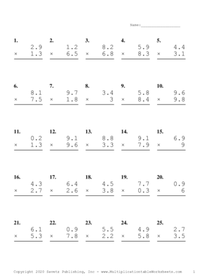 One Decimal Problem Set F Multiplication Worksheet