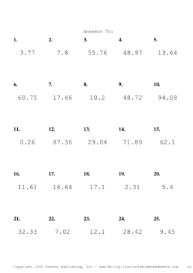 One Decimal Problem Set F Answers