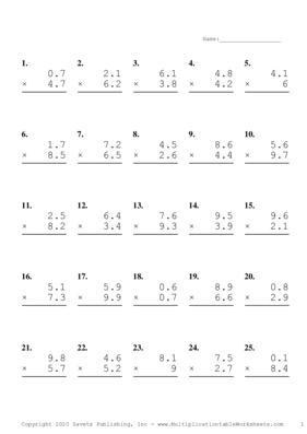 One Decimal Problem Set G Multiplication Worksheet