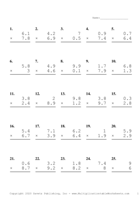 One Decimal Problem Set H Multiplication Worksheet