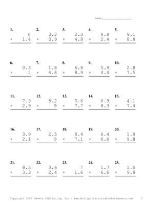 One Decimal Problem Set I Multiplication Worksheet