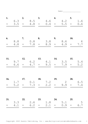 One Decimal Problem Set J Multiplication Worksheet