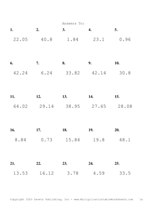 One Decimal Problem Set J Answers