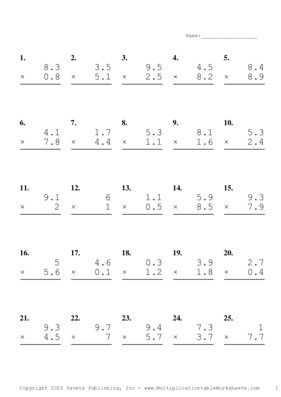 One Decimal Problem Set K Multiplication Worksheet