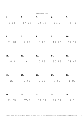 One Decimal Problem Set K Answers