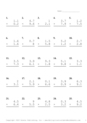 One Decimal Problem Set L Multiplication Worksheet
