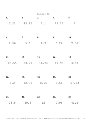 One Decimal Problem Set L Answers