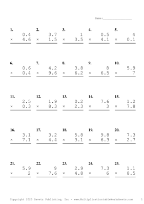 One Decimal Problem Set N Multiplication Worksheet