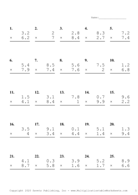 One Decimal Problem Set O Multiplication Worksheet