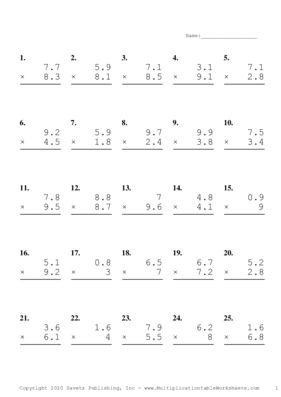 One Decimal Problem Set P Multiplication Worksheet