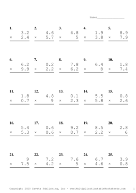 One Decimal Problem Set Q Multiplication Worksheet