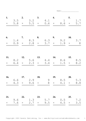 One Decimal Problem Set R Multiplication Worksheet