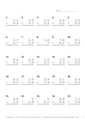 One Decimal Problem Set S Multiplication Worksheet