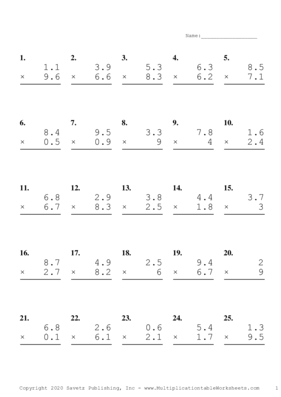One Decimal Problem Set T Multiplication Worksheet