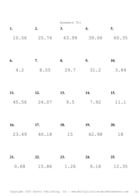 One Decimal Problem Set T Answers