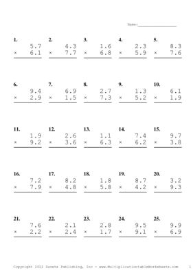 One Decimal Problem Set U Multiplication Worksheet