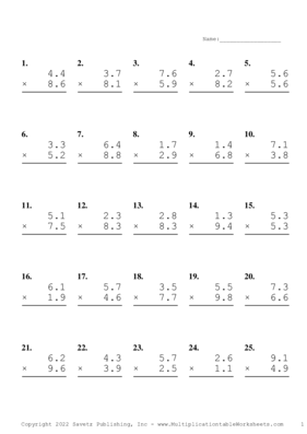 One Decimal Problem Set V Multiplication Worksheet