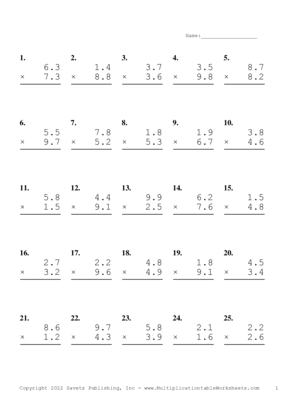 One Decimal Problem Set W Multiplication Worksheet